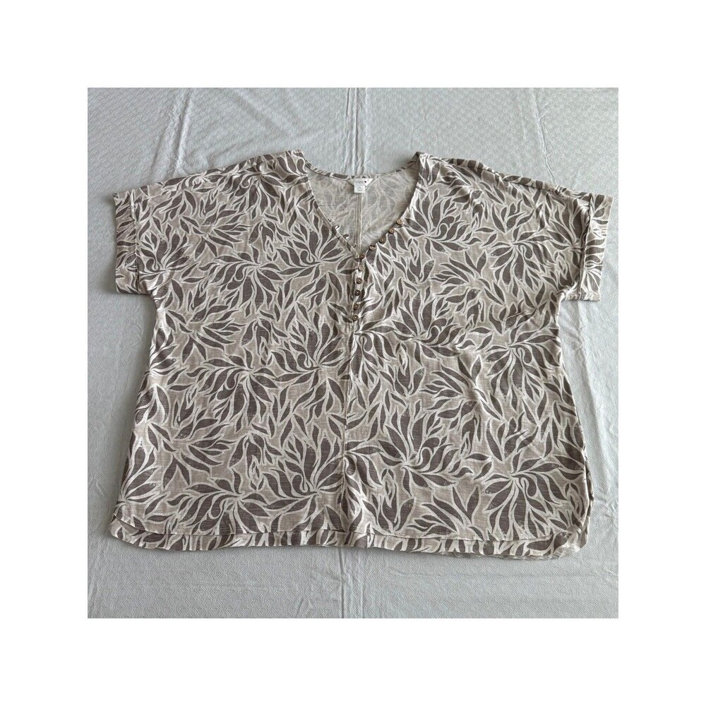 Intro Women's Beige Leaf Print V Neck Top XL
